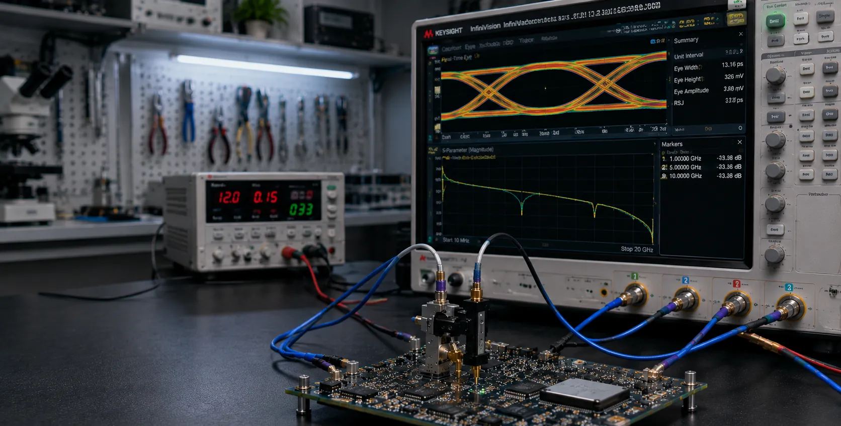 A lab bench with an eye diagram and a network-analyser trace displayed above a board under test