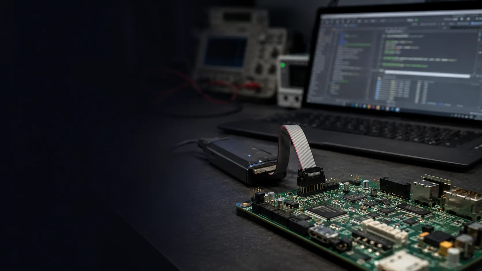 A board on the bench with a debug ribbon attached and a debugger session open behind it