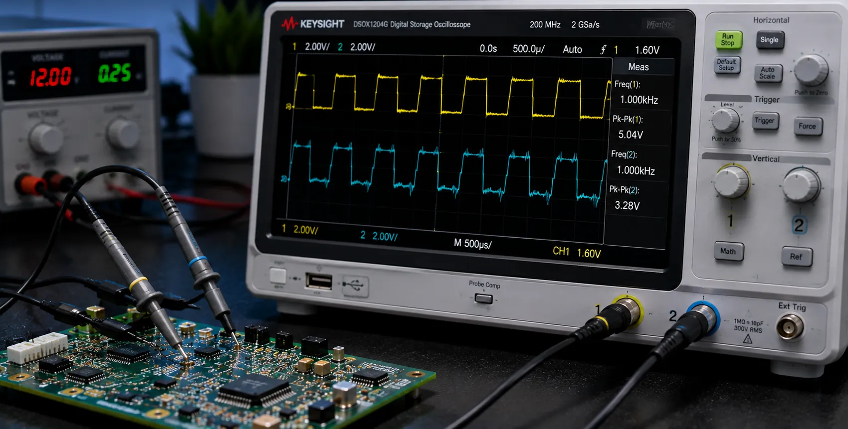 An oscilloscope showing a bus waveform, probed on a board at the end of a cable run