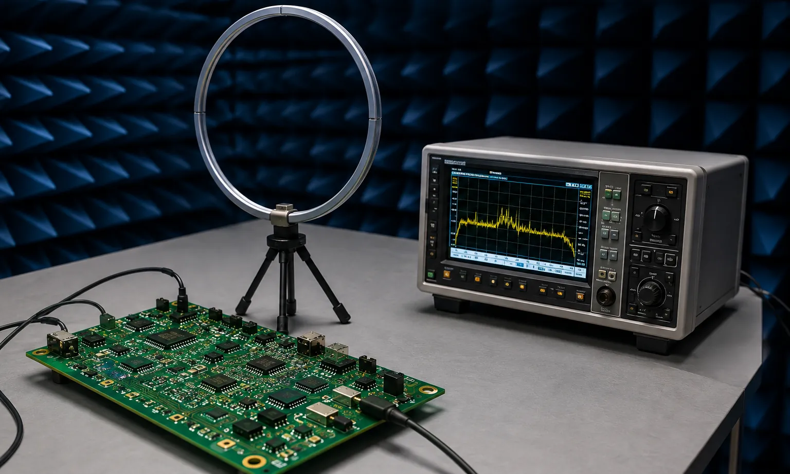A board on a pedestal in an anechoic chamber facing a measurement antenna, emissions scan alongside