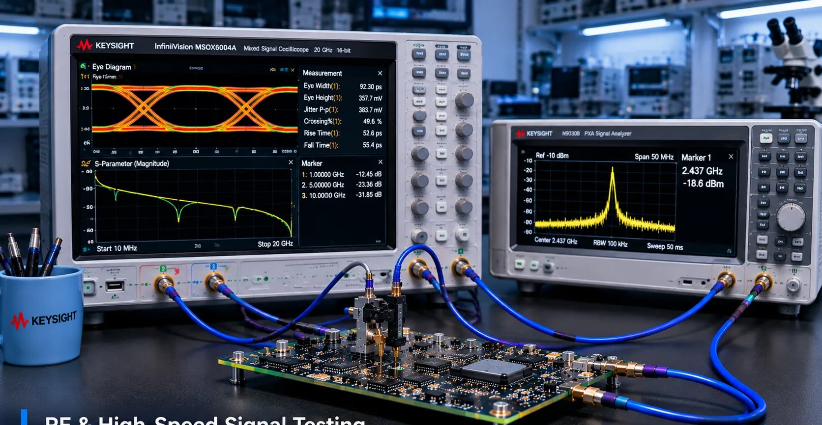 A radio board connected to a spectrum analyser and an oscilloscope showing an eye diagram