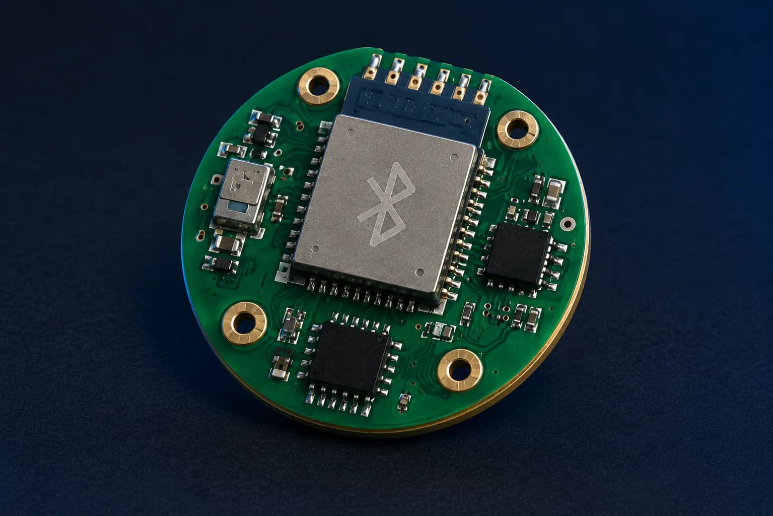 The BLE sensor node: a coin-sized round board carrying the radio module under its shield can, a sensor, and two low-power devices