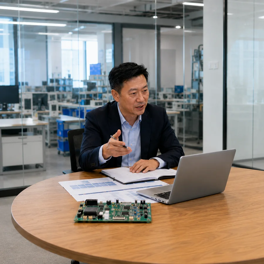 Chen Wei at a meeting table, talking through a design over video with a populated board and schematics in front of him