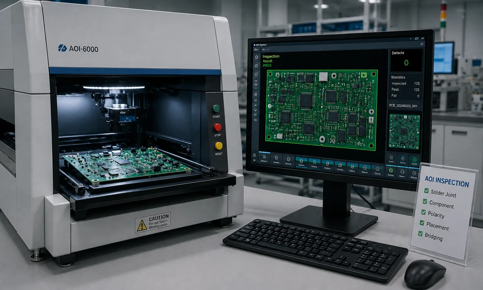 An automated optical inspection machine with a board under its camera and the result on screen
