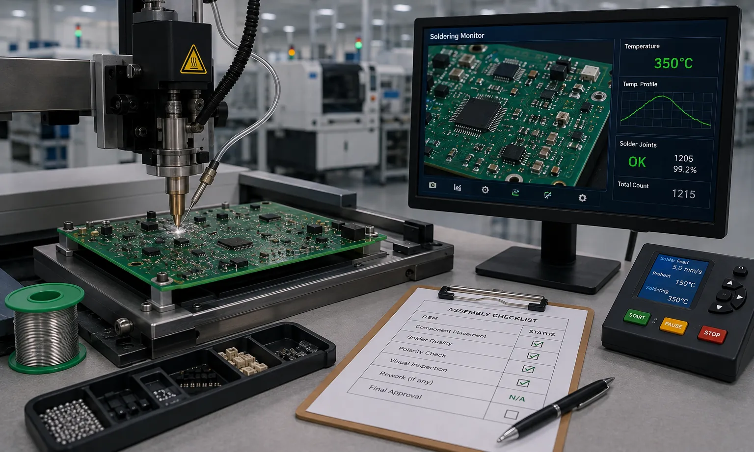 A selective soldering head over a populated board, the thermal profile on the screen alongside