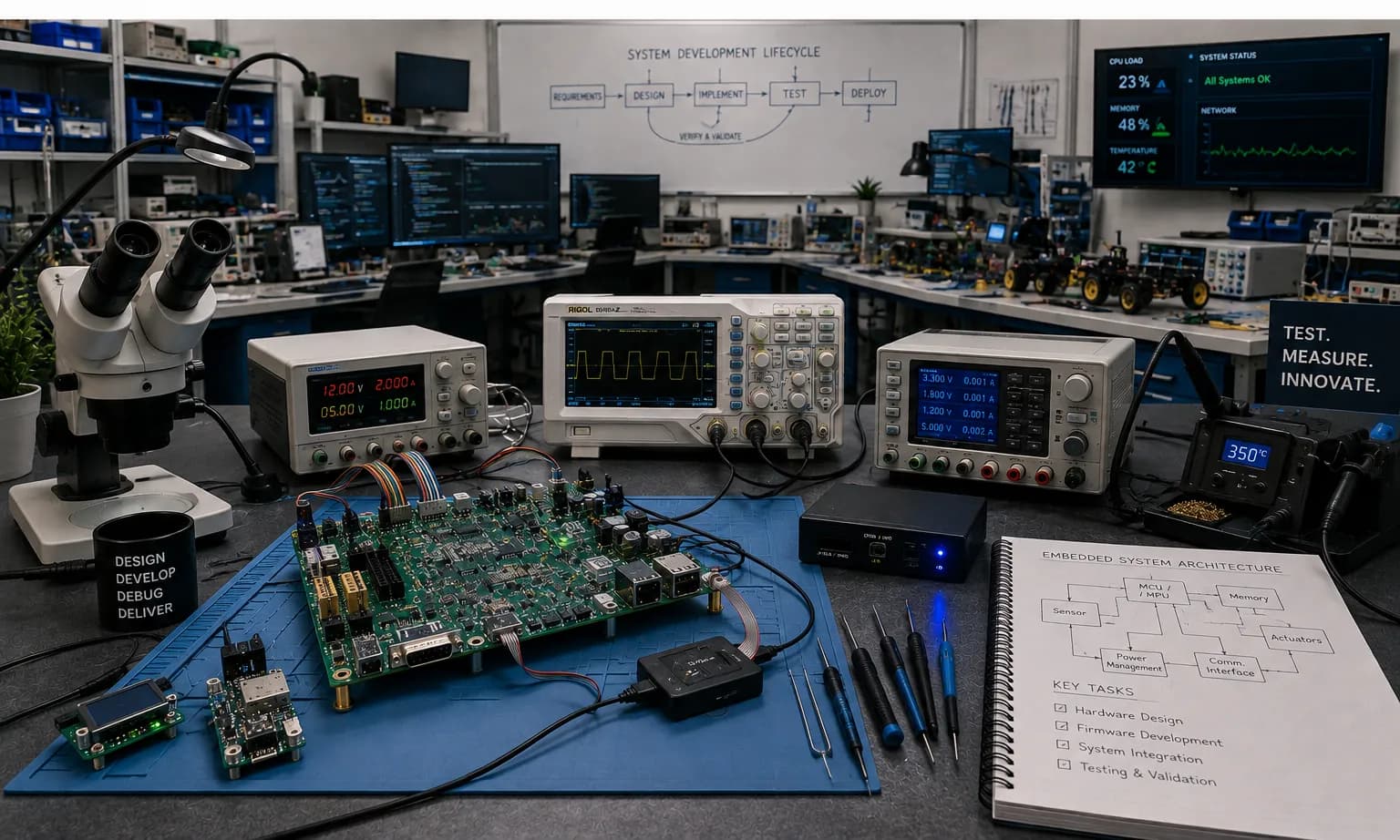 An engineering bench with oscilloscopes, power supplies, a microscope and boards under test