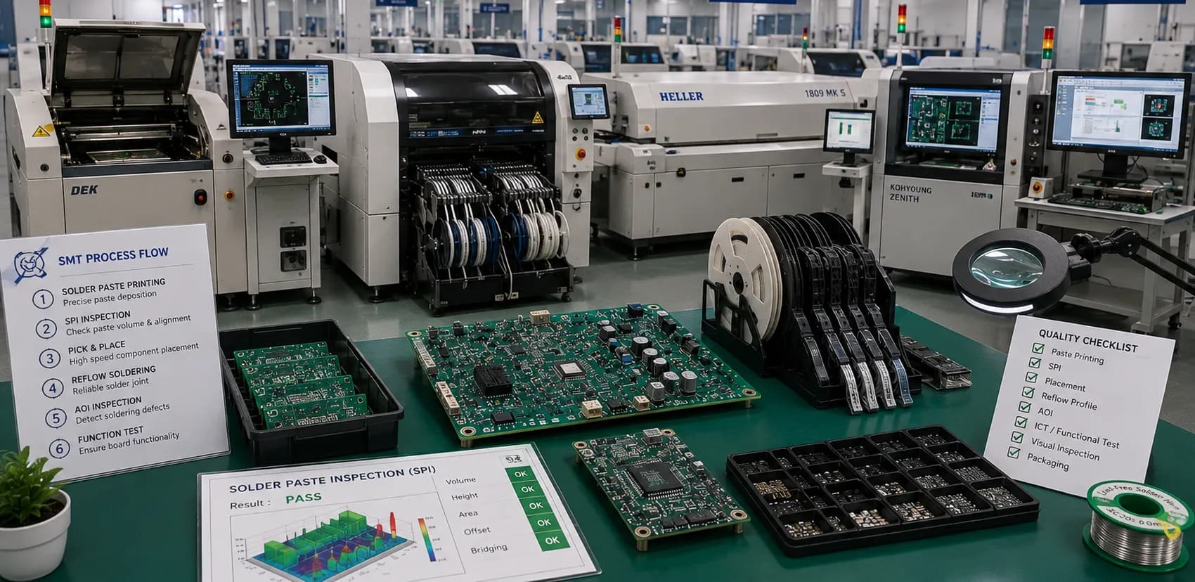An SMT line with placement machines, component reels and populated panels on the bench in front