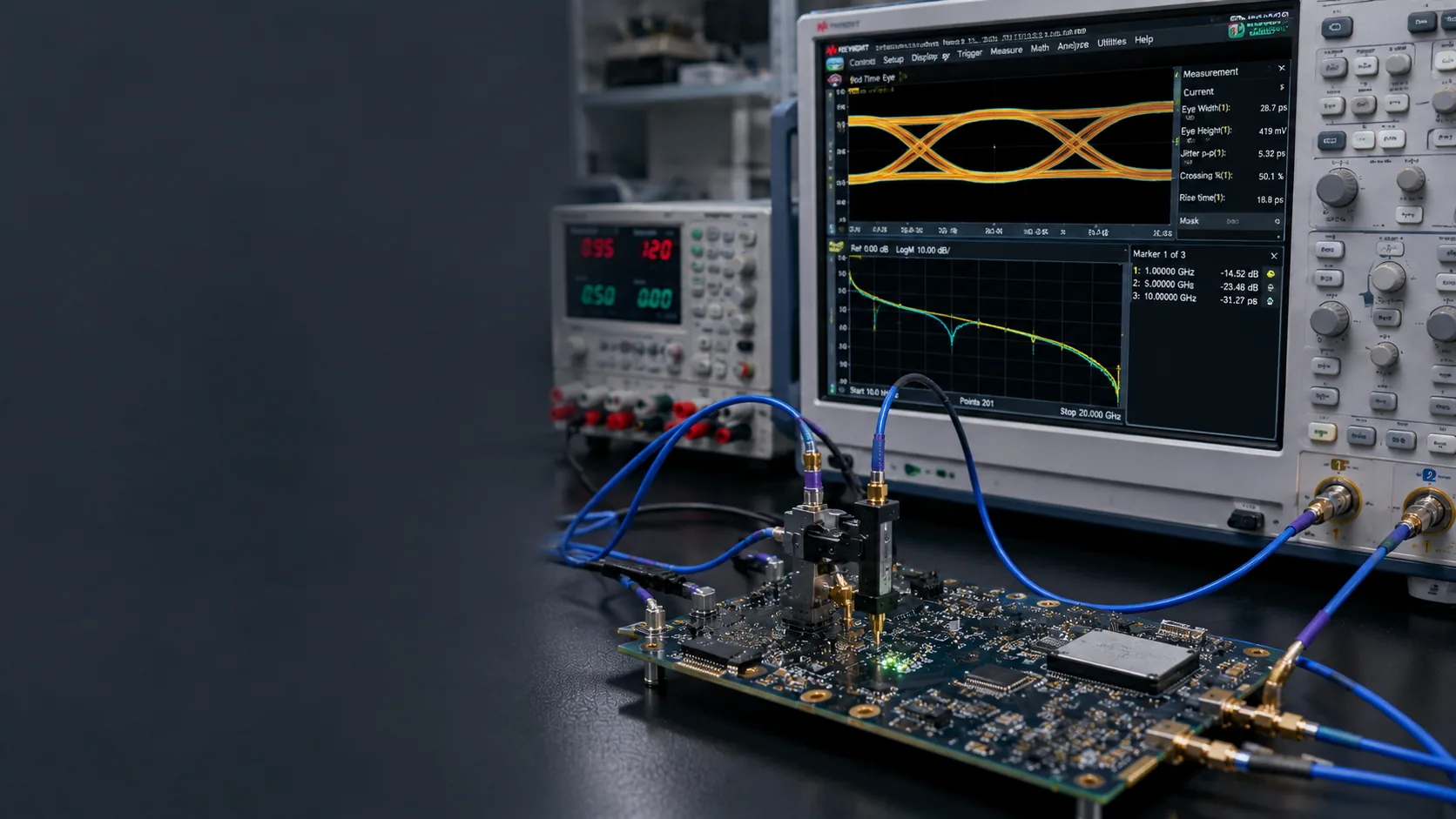 An eye diagram and a network-analyser trace displayed above a board under test