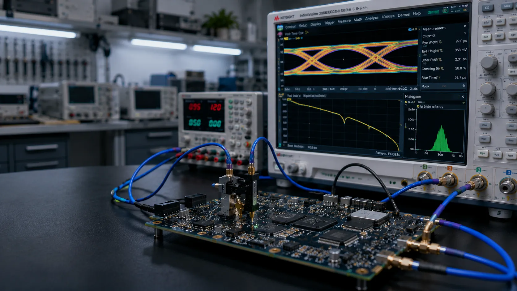 An FPGA carrier board on the bench with an eye diagram and a frequency response displayed behind it
