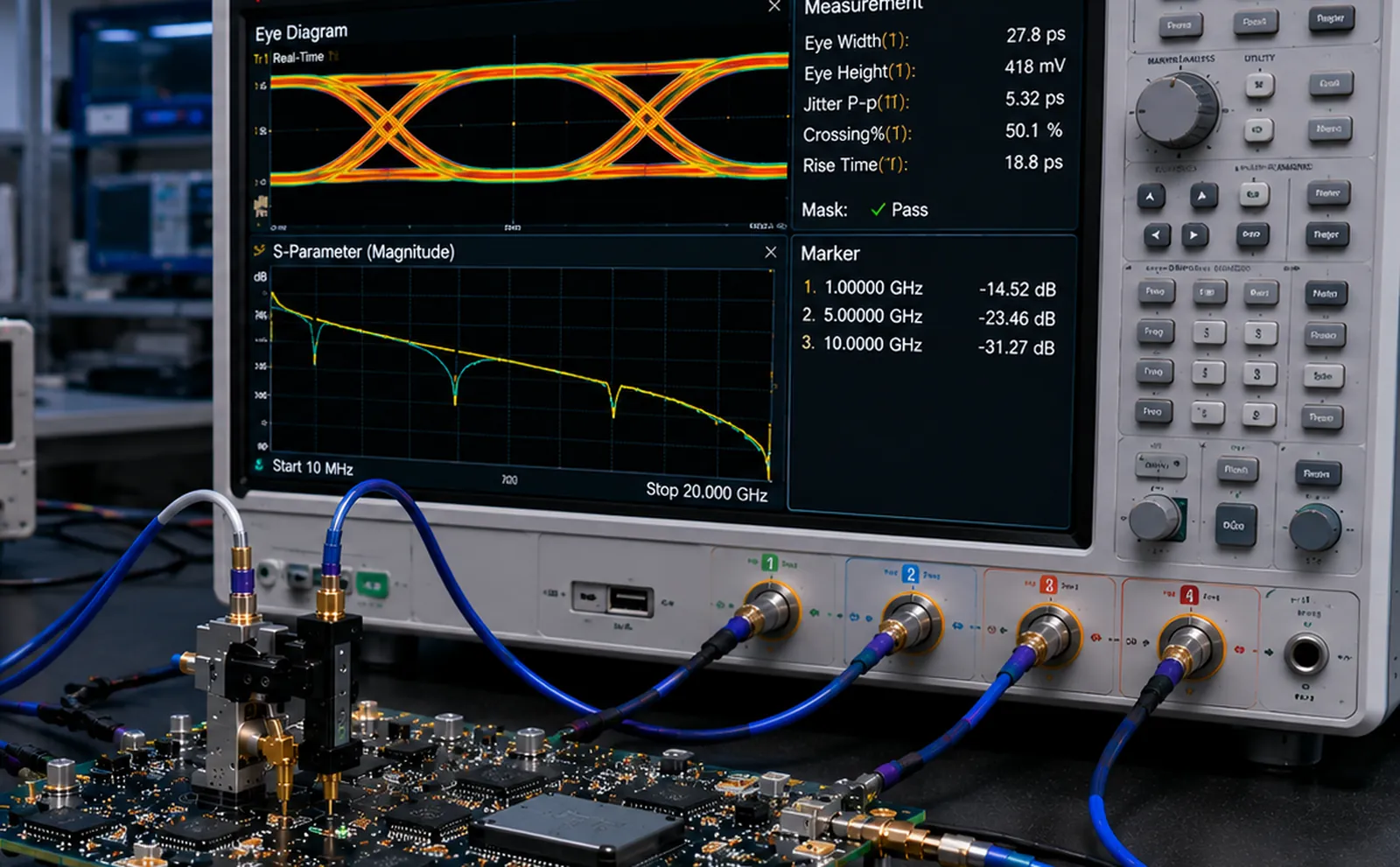 A high-speed board connected to a network analyser showing an eye diagram and an S-parameter trace