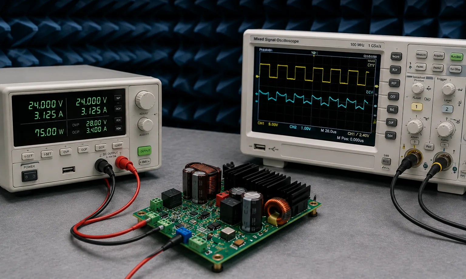 A power converter board on the bench between a programmable supply and an oscilloscope showing the switching waveform