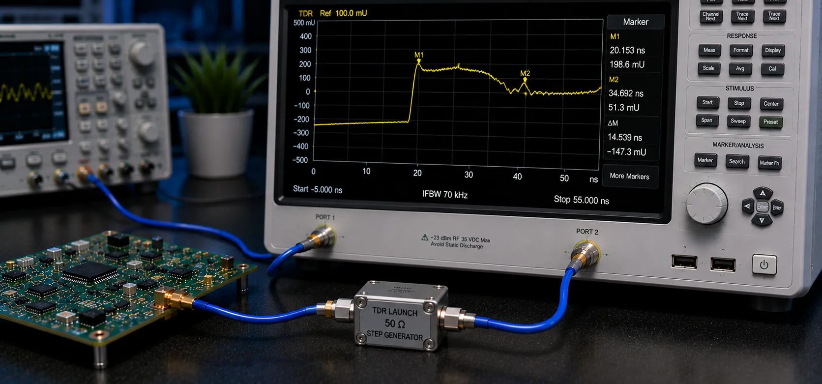 A time-domain reflectometry trace on a network analyser, with the board and its calibration standard connected