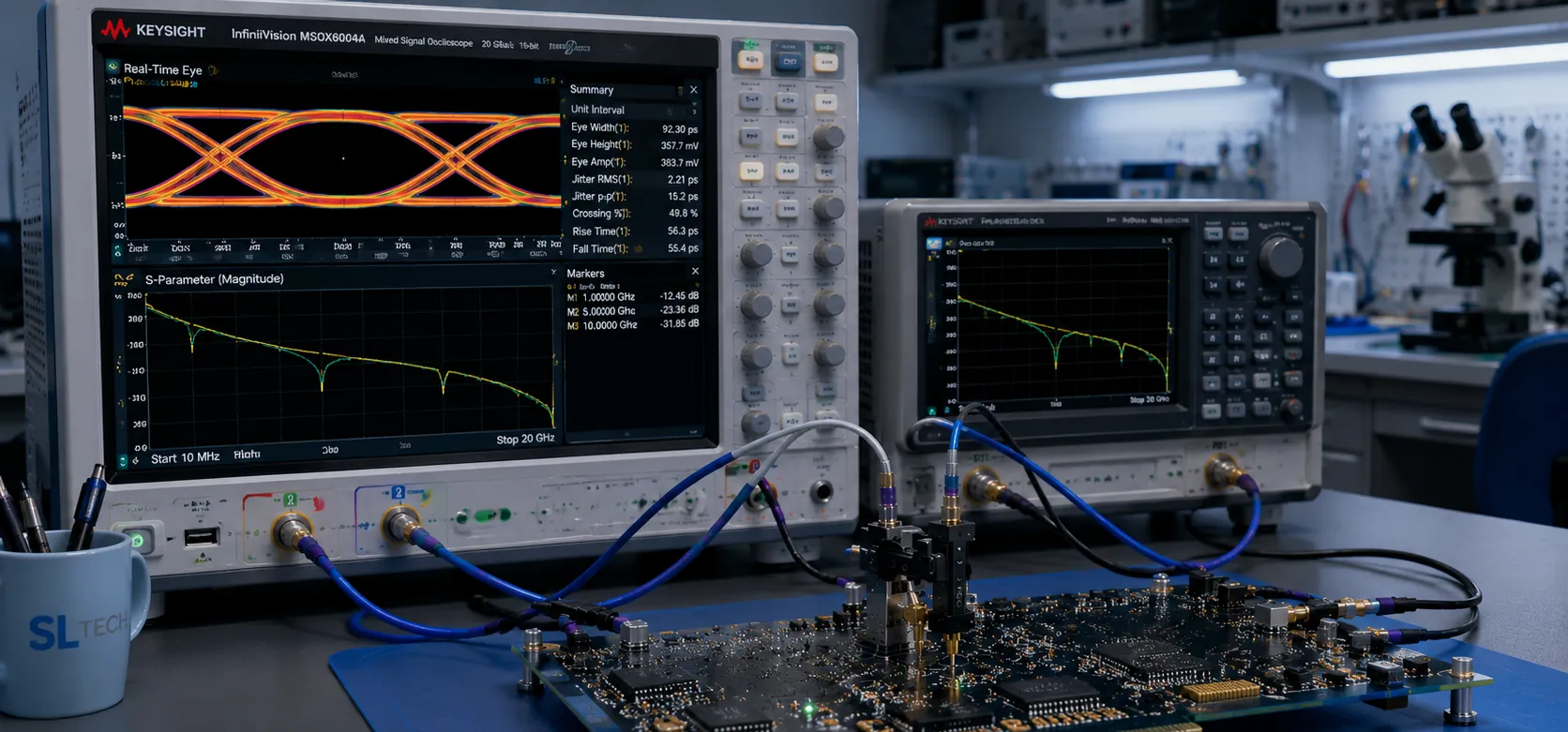 A video interface board on the bench with an eye diagram and a frequency response on the instruments behind