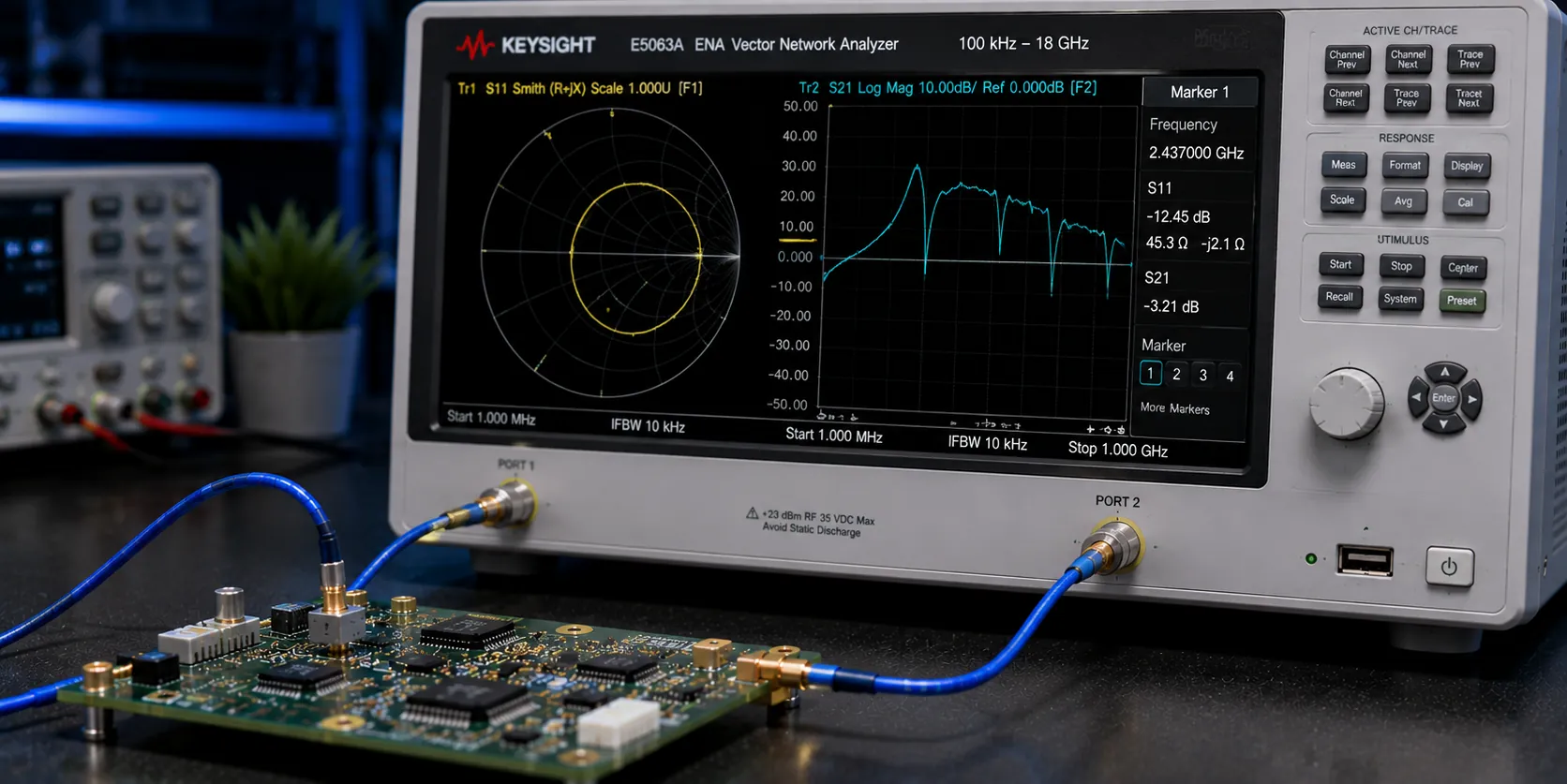 A small board connected to a vector network analyser showing a Smith chart and a return-loss trace