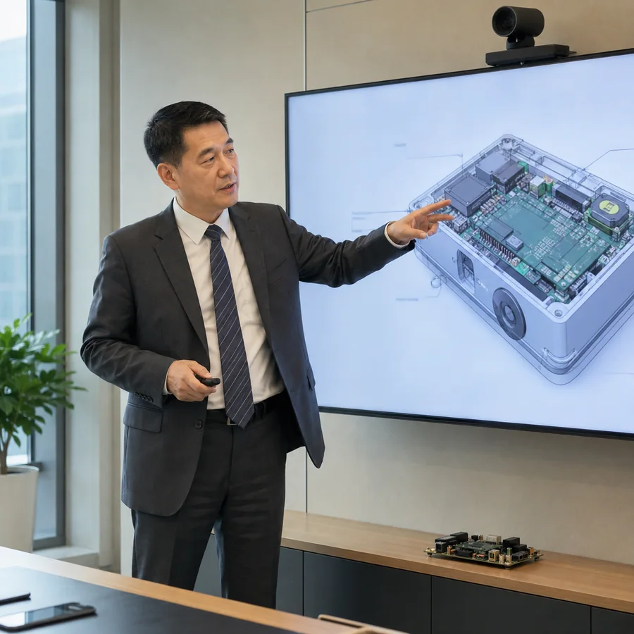 Li Qiang presenting a mechanical assembly drawing on a meeting-room screen