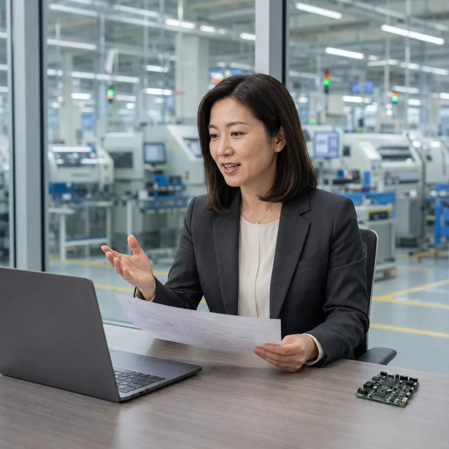 Liu Fang at a desk discussing a drawing over video, the SMT line visible through the glass behind her