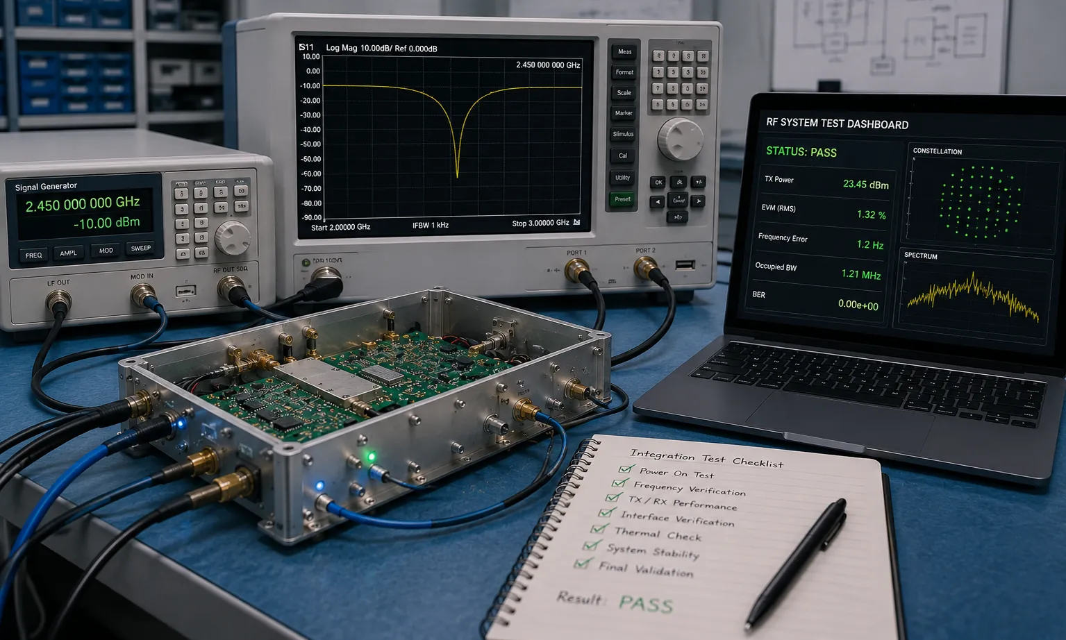 An RF system under integration test, with the analyser and a laptop dashboard showing the run