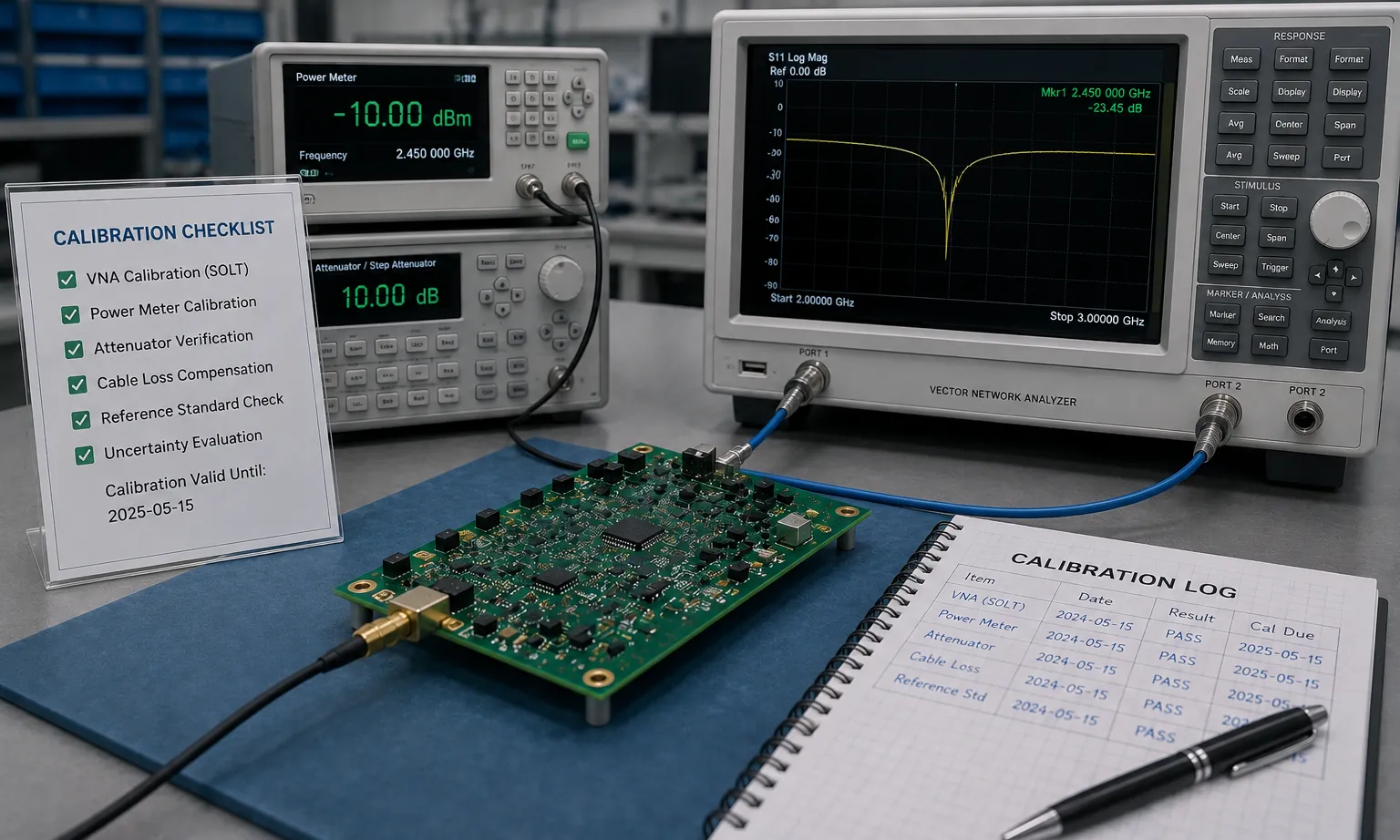 A calibration kit and network analyser with a written calibration log open on the bench
