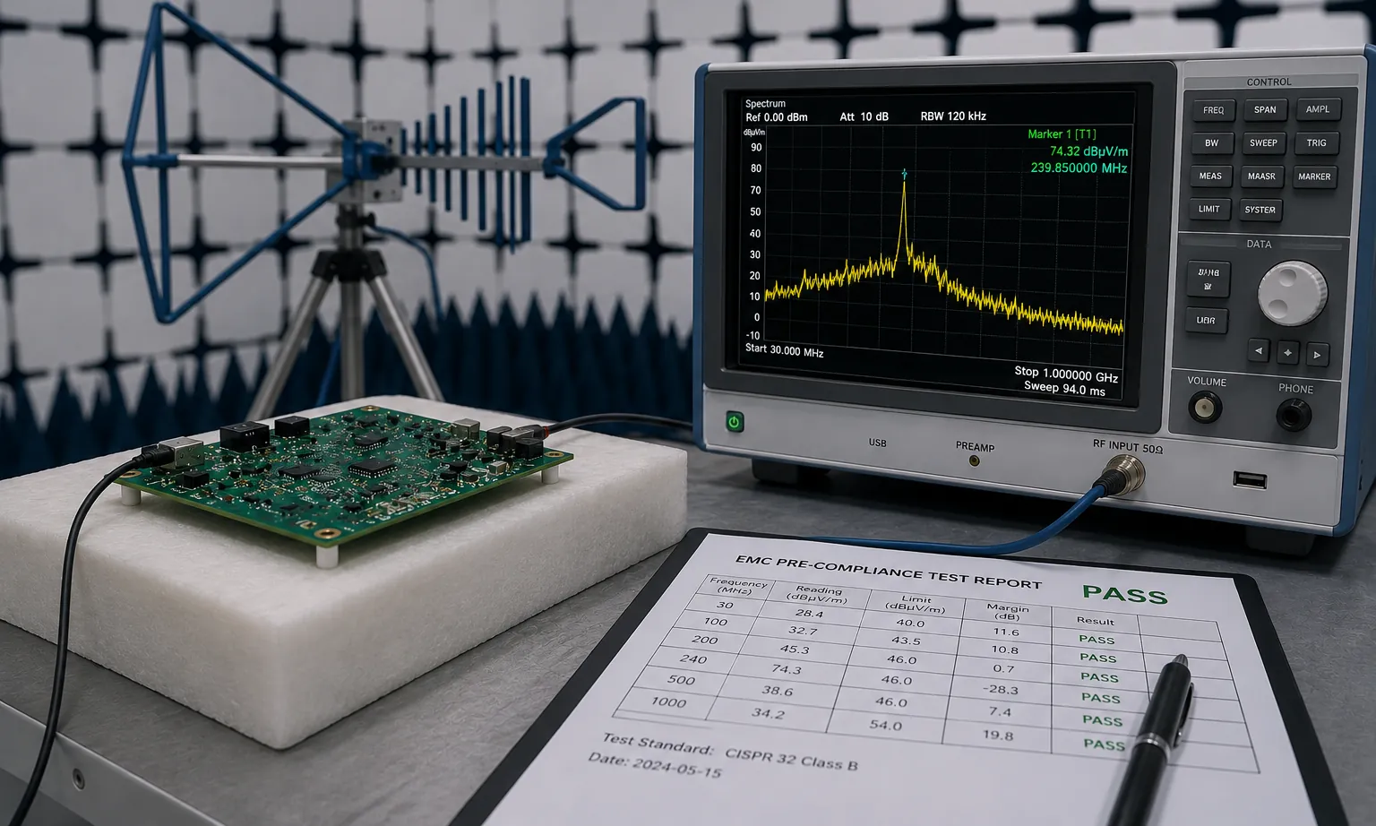 A board on a pedestal facing a log-periodic antenna in an EMC chamber, emissions scan alongside