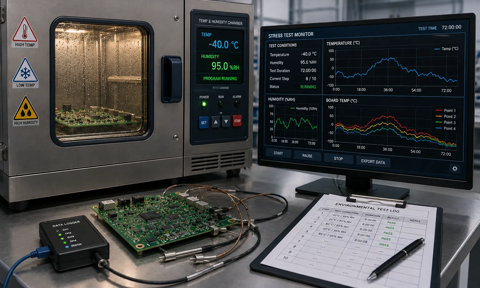 A board inside an environmental chamber with the temperature profile plotted on the monitor beside it