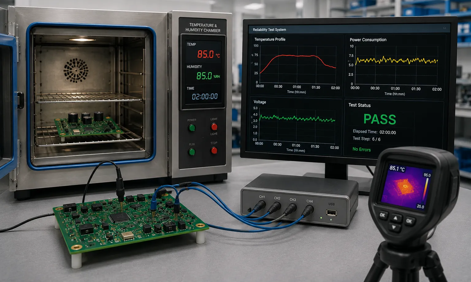 A board in a thermal chamber with a thermal camera trained on it and the temperature curve on screen