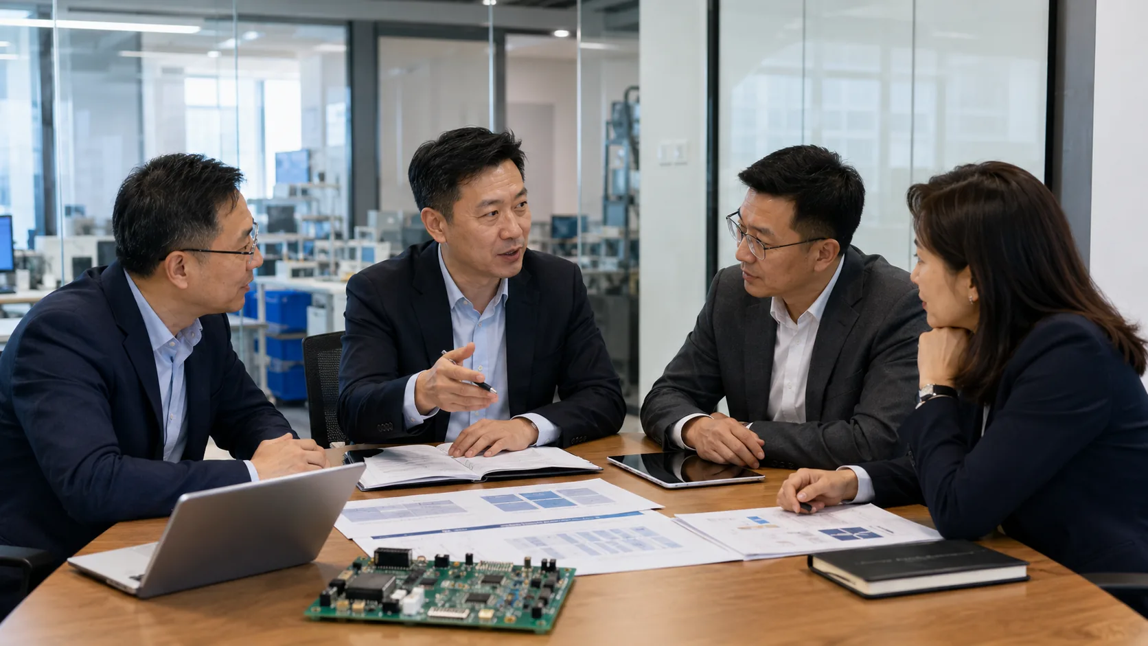 Four engineers reviewing a populated board and a set of schematics around a meeting table