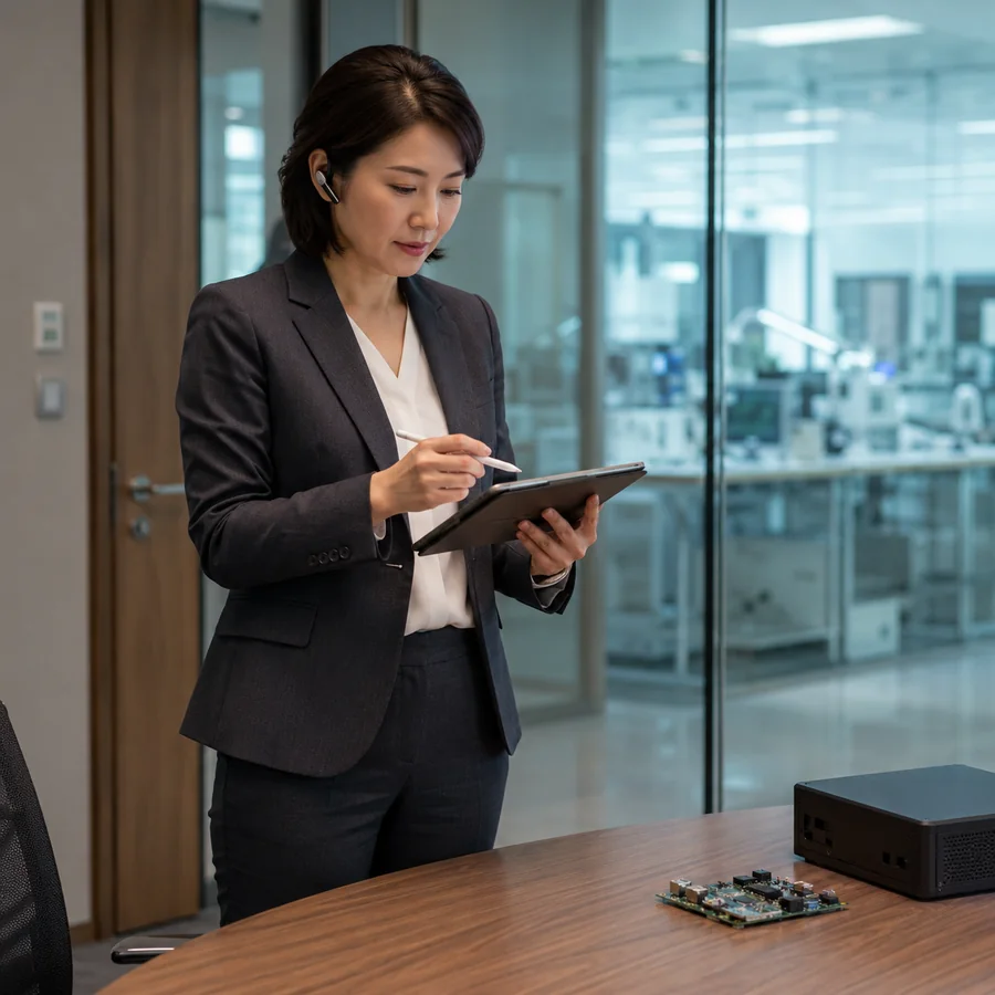 Wang Jing marking up a design review on a tablet beside a board and an enclosure